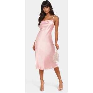 bebe NEW Satin Cowl Neck Midi Slip Dress Size Large Pink Date Night NWT